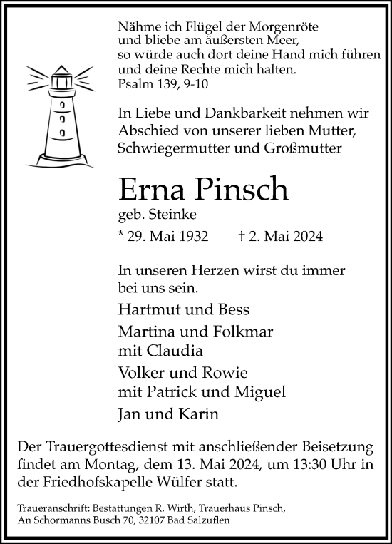 Anzeige  Erna Pinsch  Lippische Landes-Zeitung