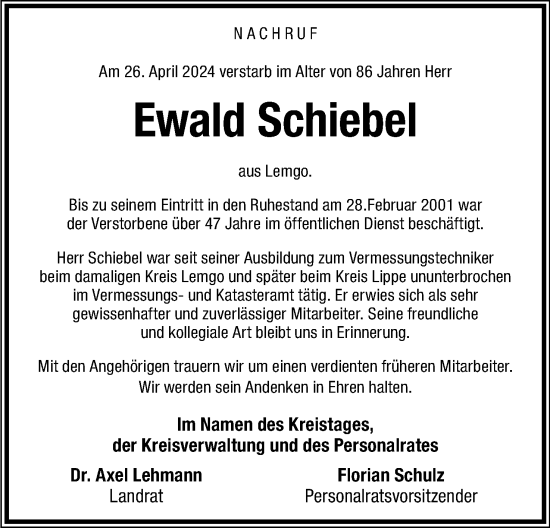 Anzeige  Ewald Schiebel  Lippische Landes-Zeitung