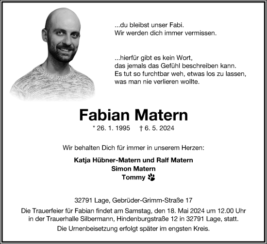 Anzeige  Fabian Matern  Lippische Landes-Zeitung