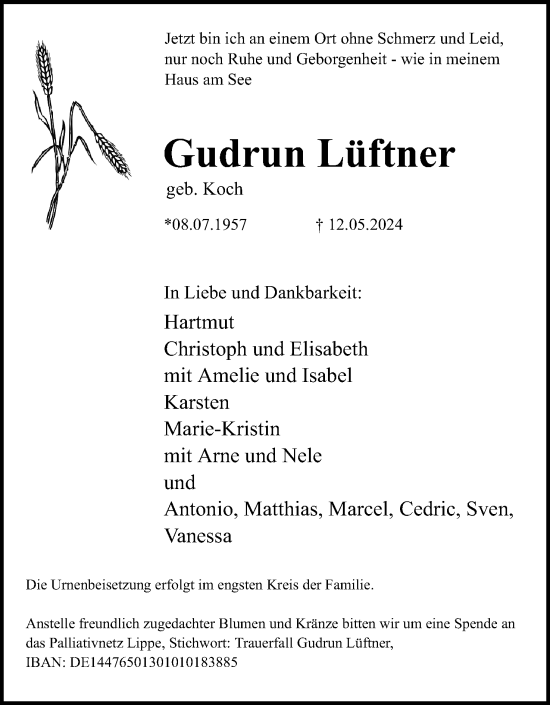 Anzeige  Gudrun Lüftner  Lippische Landes-Zeitung