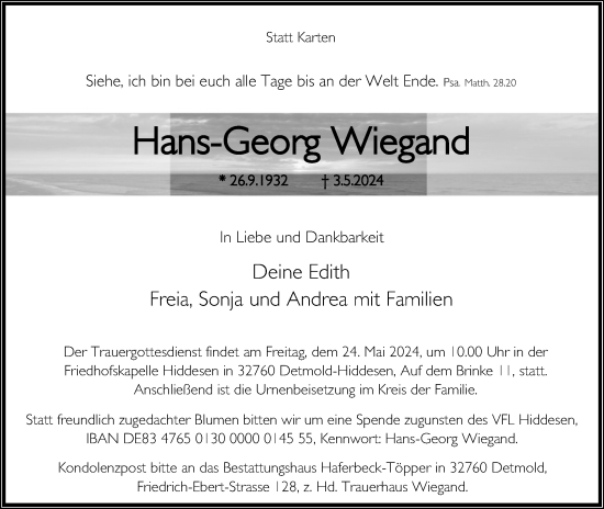 Anzeige  Hans-Georg Wiegand  Lippische Landes-Zeitung