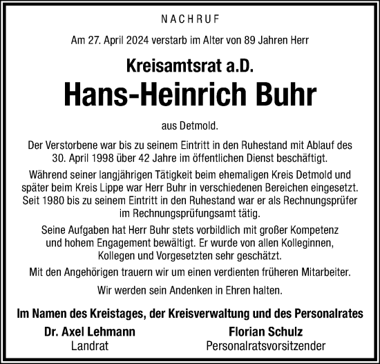Anzeige  Hans-Heinrich Buhr  Lippische Landes-Zeitung