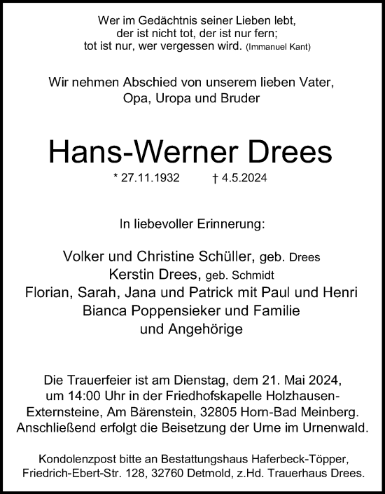 Anzeige  Hans-Werner Drees  Lippische Landes-Zeitung