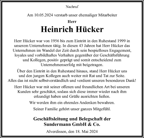 Anzeige  Heinrich Hücker  Lippische Landes-Zeitung