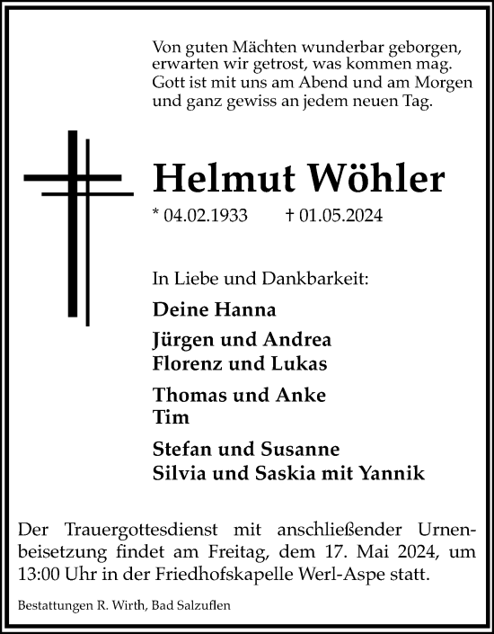Anzeige  Helmut Wöhler  Lippische Landes-Zeitung