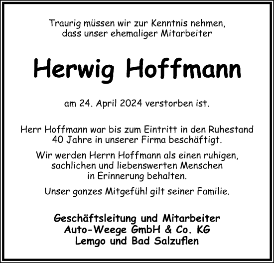 Anzeige  Herwig Hoffmann  Lippische Landes-Zeitung