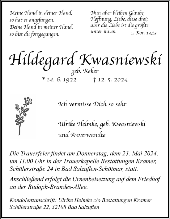 Anzeige  Hildegard Kwasniewski  Lippische Landes-Zeitung