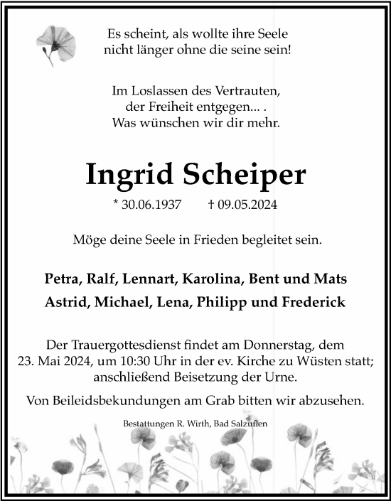 Anzeige  Ingrid Scheiper  Lippische Landes-Zeitung