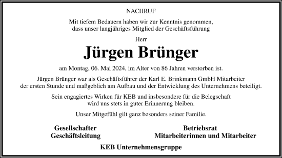 Anzeige  Jürgen Brünger  Lippische Landes-Zeitung