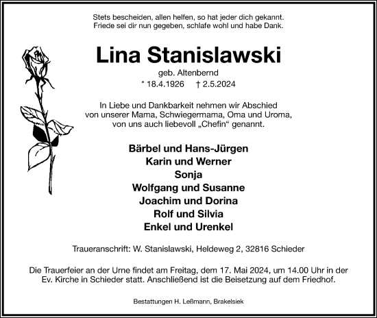 Anzeige  Lina Stanislawski  Lippische Landes-Zeitung