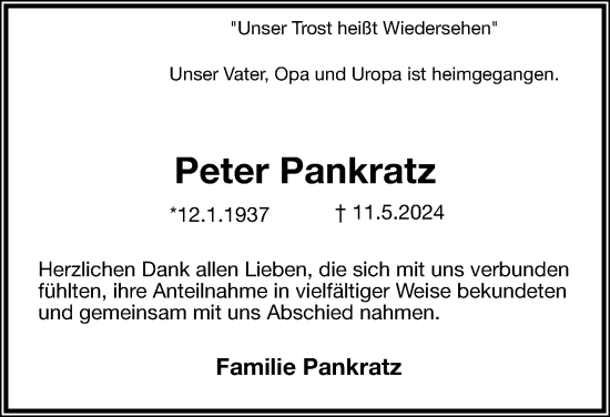 Anzeige  Peter Pankratz  Lippische Landes-Zeitung