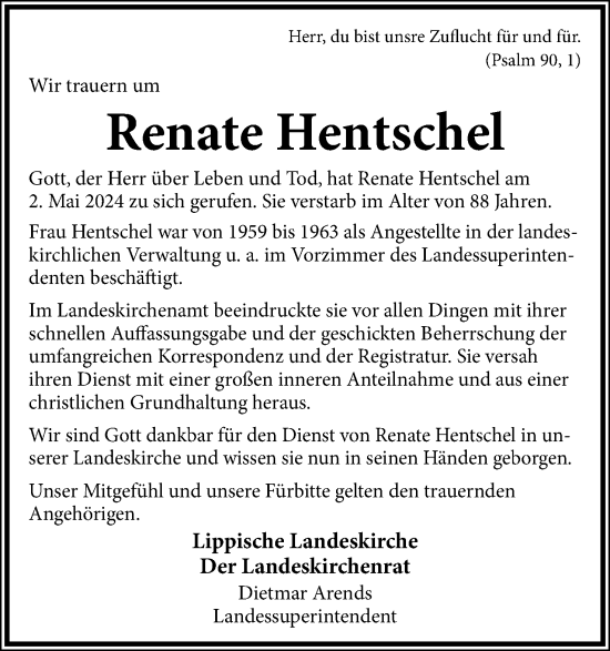 Anzeige  Renate Hentschel  Lippische Landes-Zeitung