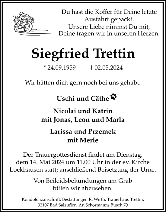 Anzeige  Siegfried Trettin  Lippische Landes-Zeitung