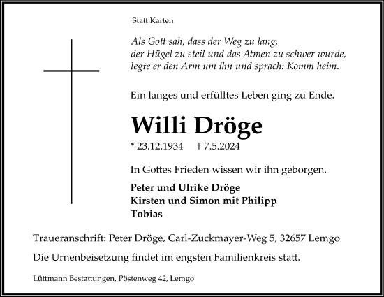 Anzeige  Willi Dröge  Lippische Landes-Zeitung
