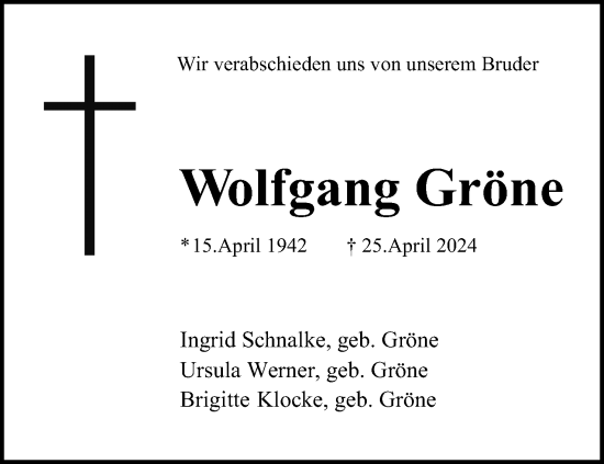 Anzeige  Wolfgang Gröne  Lippische Landes-Zeitung