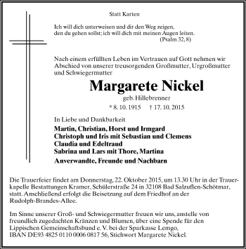 Anzeige  Margarete Nickel  Lippische Landes-Zeitung