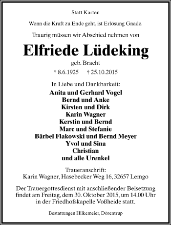 Anzeige  Elfriede Lüdeking  Lippische Landes-Zeitung