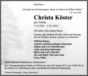 Anzeige  Christa Köster  Lippische Landes-Zeitung