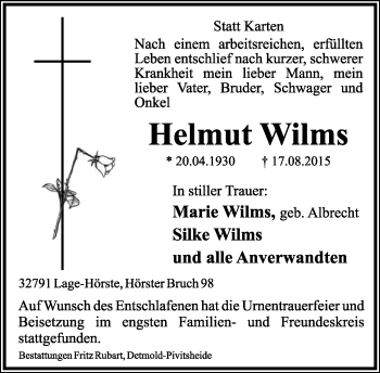 Anzeige  Helmut Wilms  Lippische Landes-Zeitung