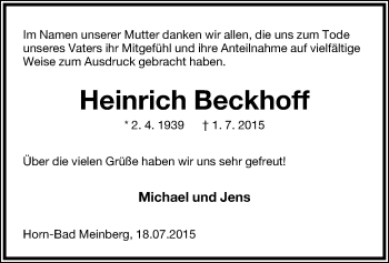 Anzeige  Heinrich Beckhoff  Lippische Landes-Zeitung