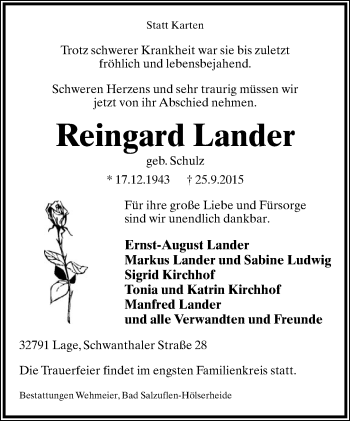 Anzeige  Reingard Lander  Lippische Landes-Zeitung