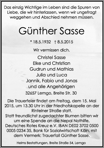 Anzeige  Günther Sasse  Lippische Landes-Zeitung