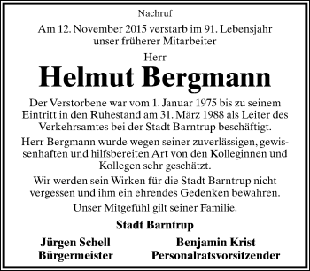 Anzeige  Helmut Bergmann  Lippische Landes-Zeitung