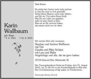 Anzeige  Karin Wallbaum  Lippische Landes-Zeitung