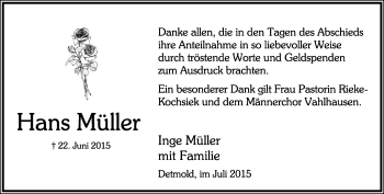 Anzeige  Hans Müller  Lippische Landes-Zeitung