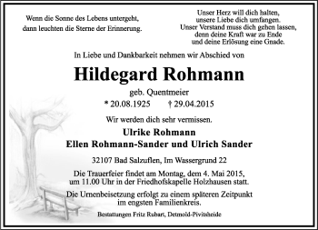 Anzeige  Hildegard Rohmann  Lippische Landes-Zeitung