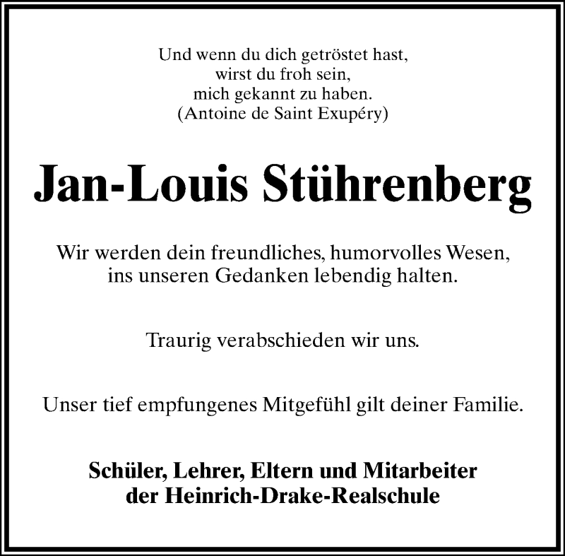 Traueranzeige für Jan-Louis Stührenberg vom 26.01.2015 aus Lippische Landes-Zeitung