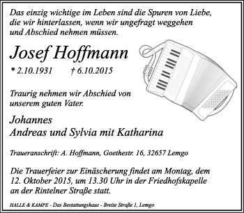 Anzeige  Josef Hoffmann  Lippische Landes-Zeitung