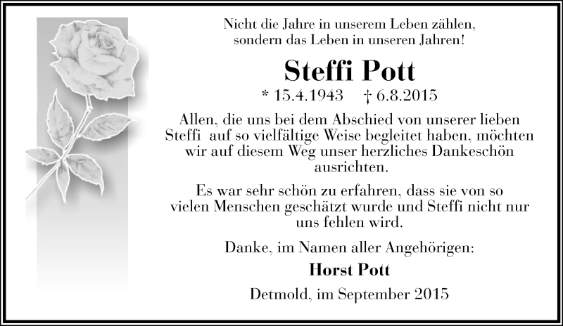  Traueranzeige für Steffi Pott vom 19.09.2015 aus Lippische Landes-Zeitung