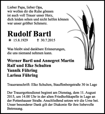 Anzeige  Rudolf Bartl  Lippische Landes-Zeitung