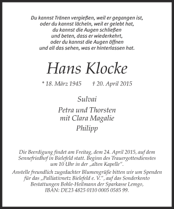 Anzeige  Hans Klocke  Lippische Landes-Zeitung