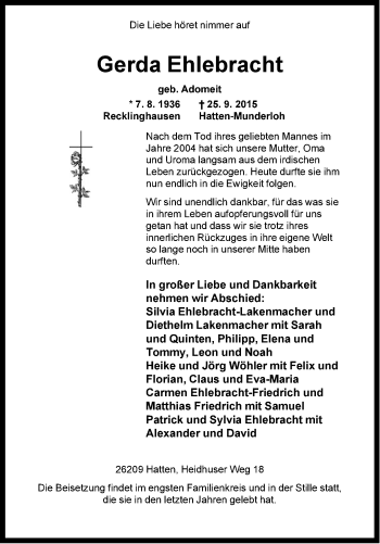 Anzeige  Gerda Ehlebracht  Lippische Landes-Zeitung
