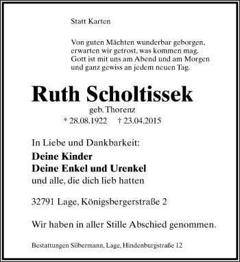 Anzeige  Ruth Scholtissek  Lippische Landes-Zeitung