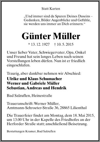 Anzeige  Günter Müller  Lippische Landes-Zeitung