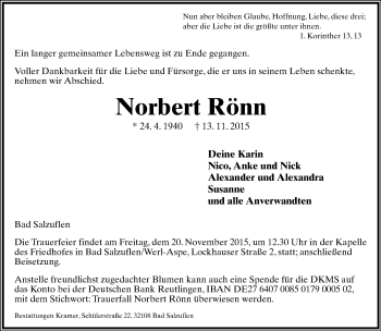 Anzeige  Norbert Rönn  Lippische Landes-Zeitung
