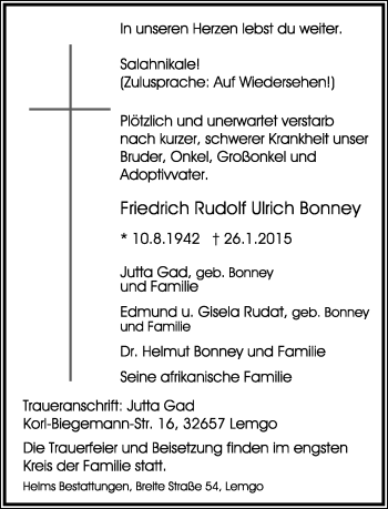 Anzeige  Friedrich Rudolf Ulrich Bonney  Lippische Landes-Zeitung