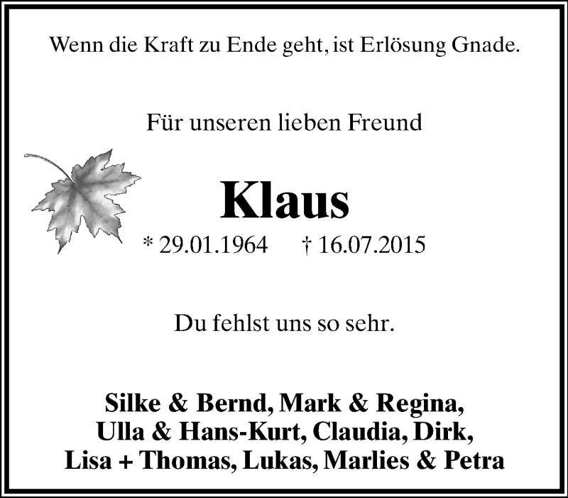  Traueranzeige für Klaus Mahn vom 25.07.2015 aus Lippische Landes-Zeitung