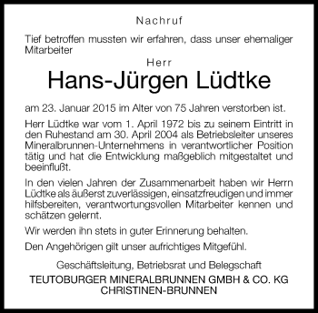 Anzeige  Hans-Jürgen Lüdtke  Lippische Landes-Zeitung