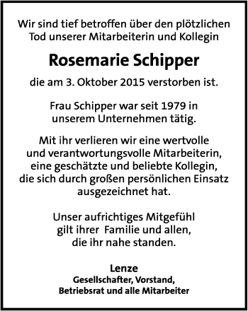 Anzeige  Rosemarie Schipper  Lippische Landes-Zeitung