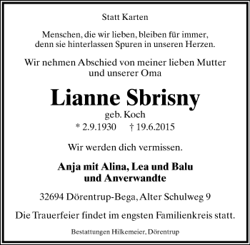 Anzeige  Lianne Sbrisny  Lippische Landes-Zeitung