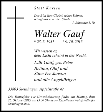Anzeige  Walter Gauf  Lippische Landes-Zeitung