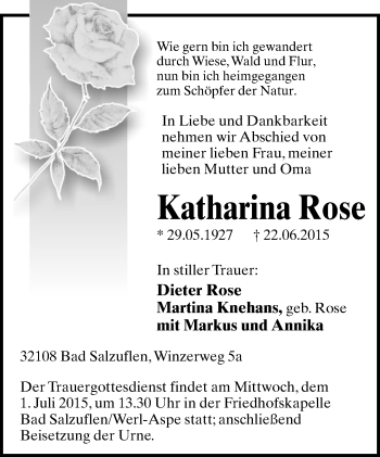 Anzeige  Katharina Rose  Lippische Landes-Zeitung