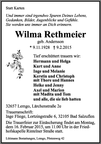 Anzeige  Wilma Rethmeier  Lippische Landes-Zeitung