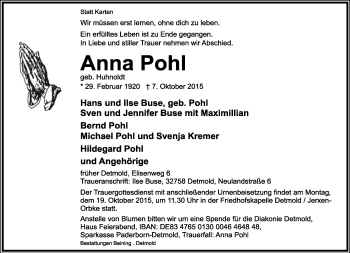 Anzeige  Anna Pohl  Lippische Landes-Zeitung