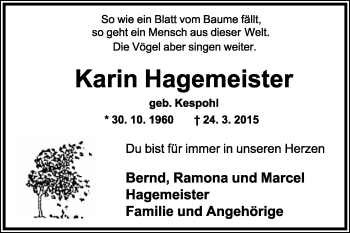 Anzeige  Karin Hagemeister  Lippische Landes-Zeitung