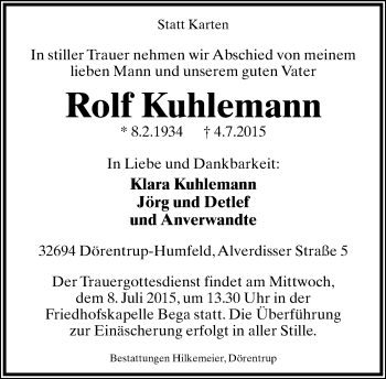 Anzeige  Rolf Kuhlemann  Lippische Landes-Zeitung